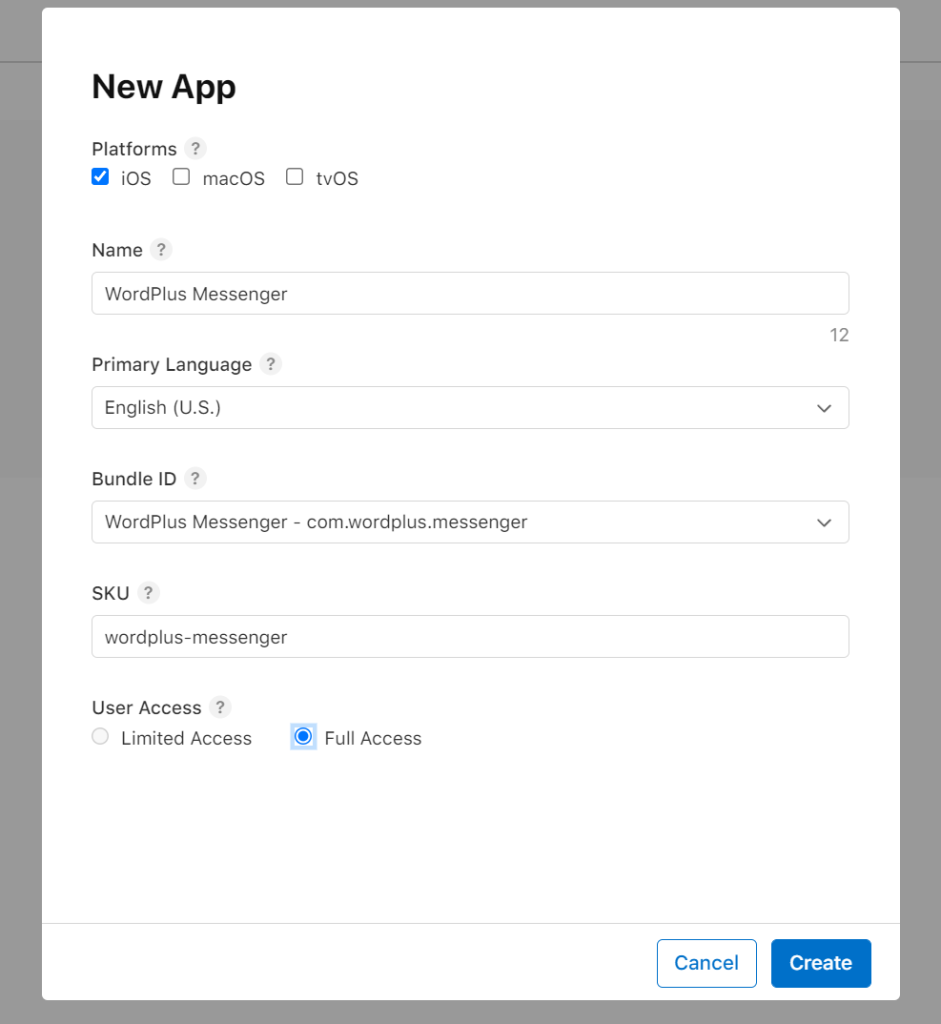 Creating iOS app in Apple App Store Connect WordPlus